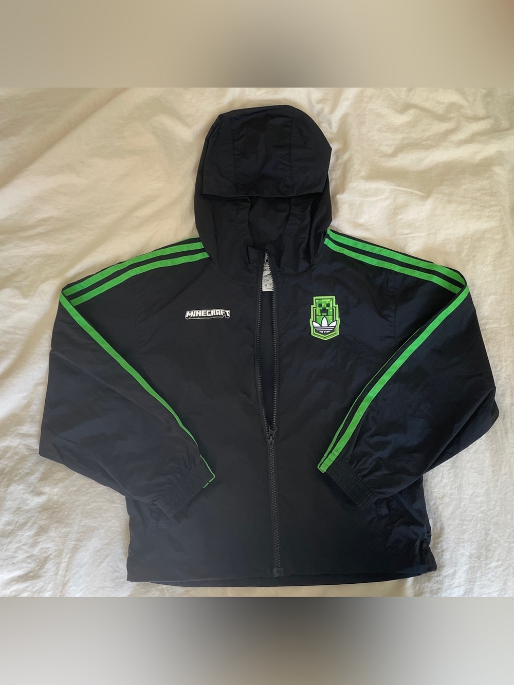 adidas Kids Minecraft Black Hooded Jacket with Bright Green Trim